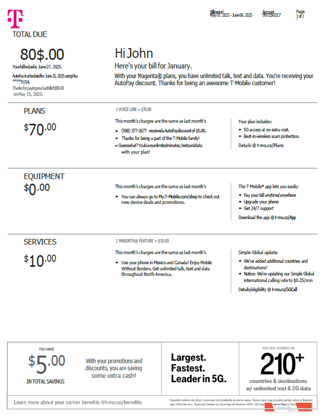 USA T mobile utility bill template in Word and PDF formats, version 3